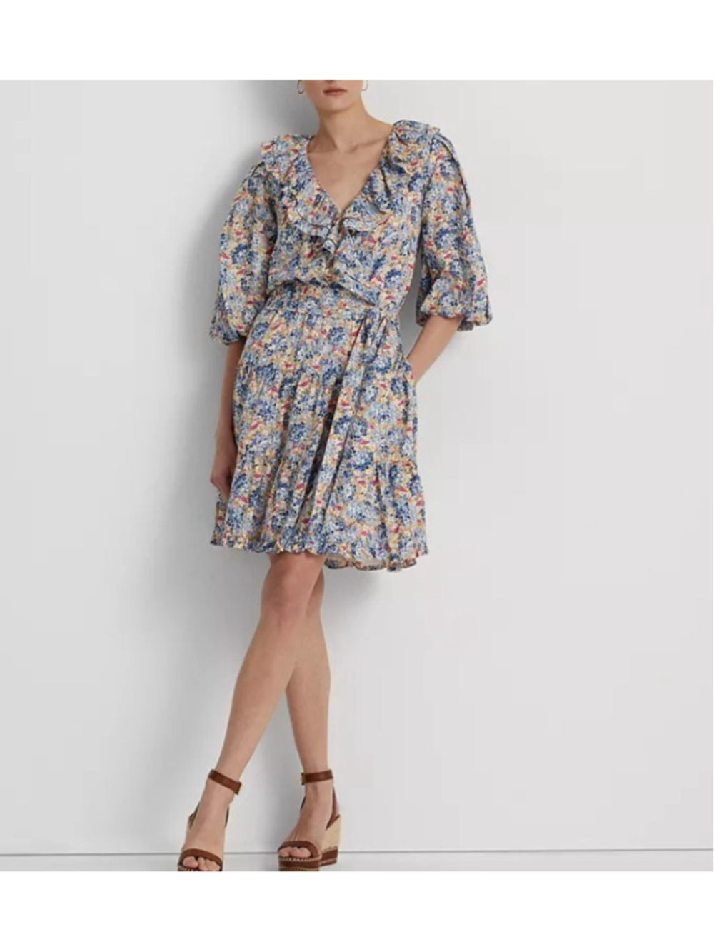 NWT Lauren Ralph Lauren Cotton Voile Dress Sz 16 Blue Ruffle Boho Coquette